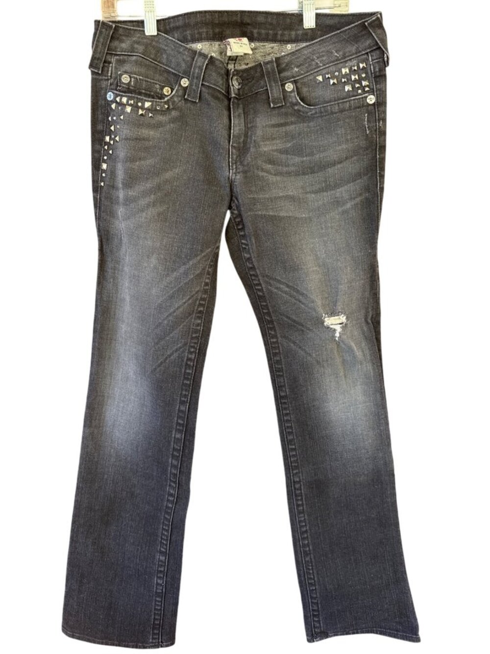 True Religion Womens 31 Black Distressed Studded Stretch Denim Jeans USA